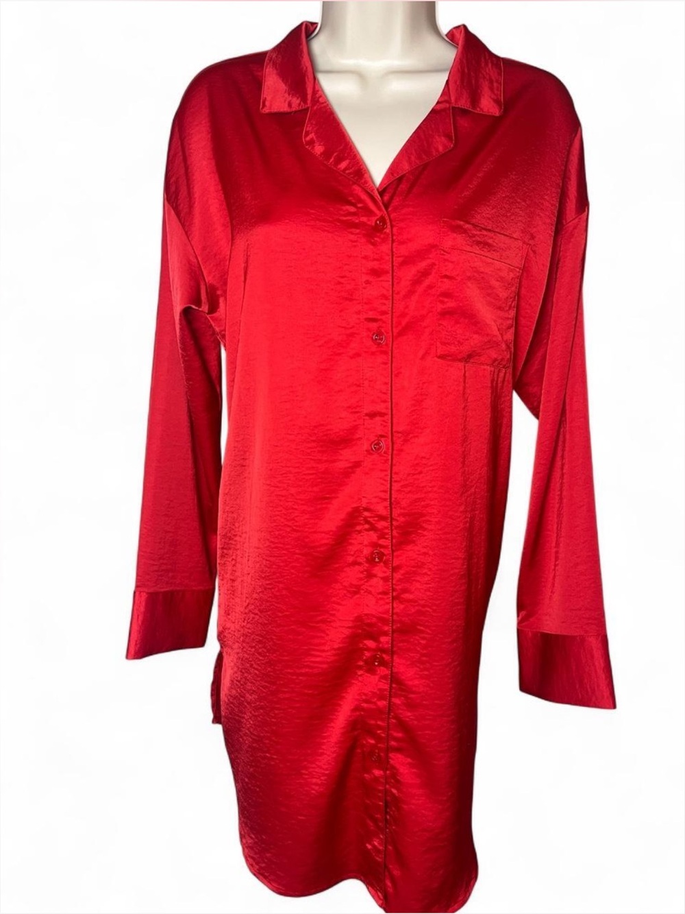 Auden Satin Button Down Shirt Dress Size M Red Loungewear Relaxation Pajamas 
#s
